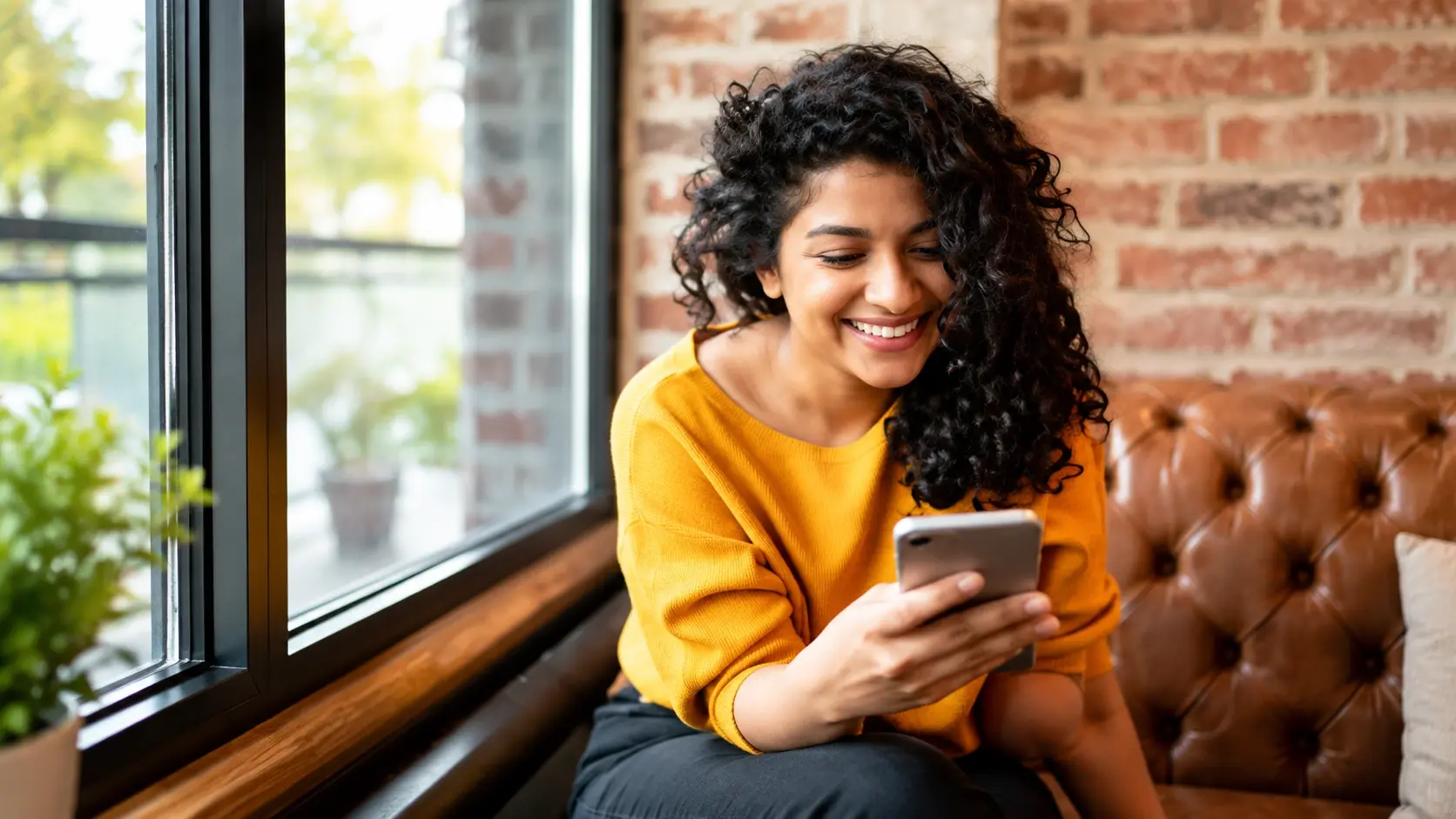 Woman browsing TribElle treatments on her phone